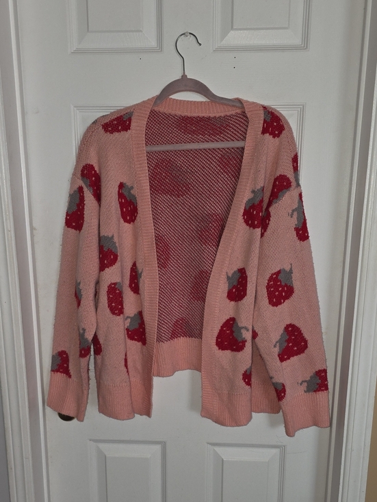 SHEIN Sweaters - SHEIN Pink Strawberry Print Open-Front Cardigan